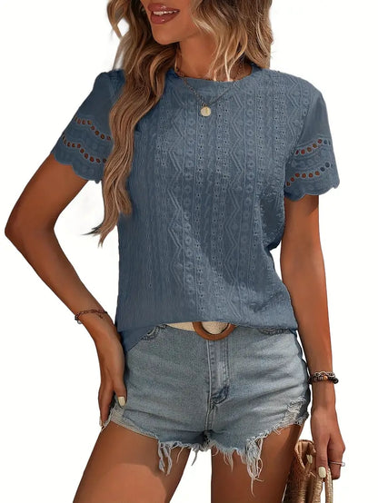 Women's Casual Eyelet Embroidery T-Shirt, Scallop Trim Tee, Short Sleeve Summer Top, Blouse With Detailing